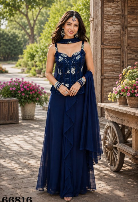 Navy Blue Sequins Ceremonial Designer Indo-Western